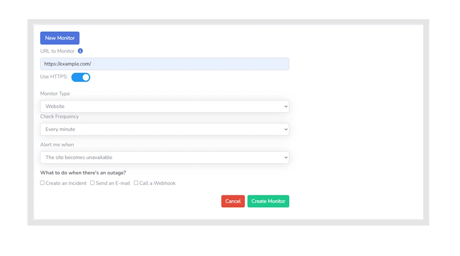 A screenshot of StatusMC's dashboard showcasing how to setup your website monitor.
